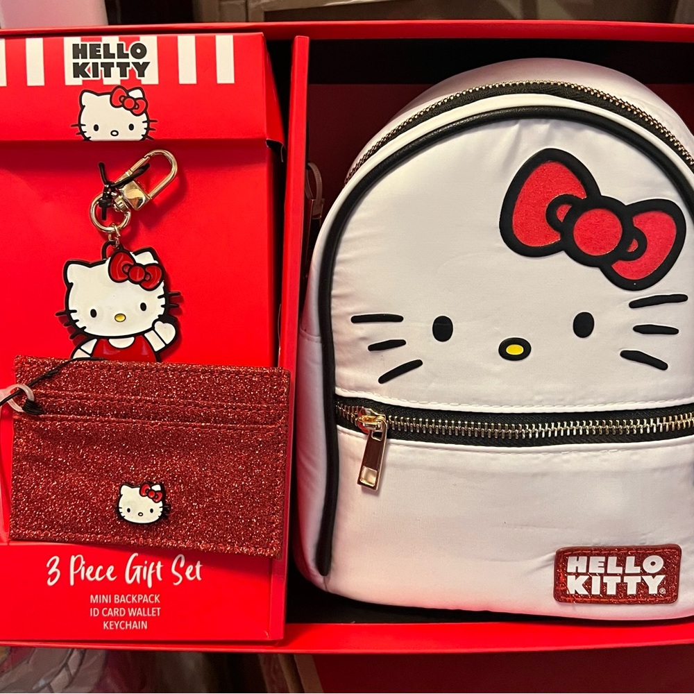 Sanrio Hello Kitty White and Red  Backpack -ID wallet -keychain 3 piece gift Set